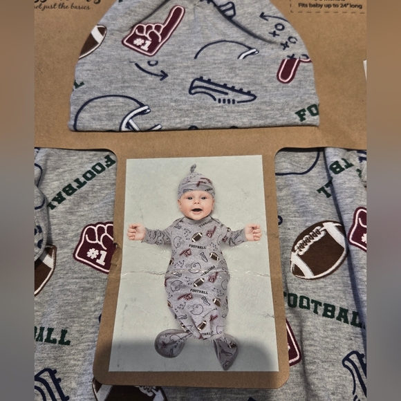 Baby Essentials Gray Football Print Outfit with Cap 0-3 Months. NWT - Picture 1 of 4